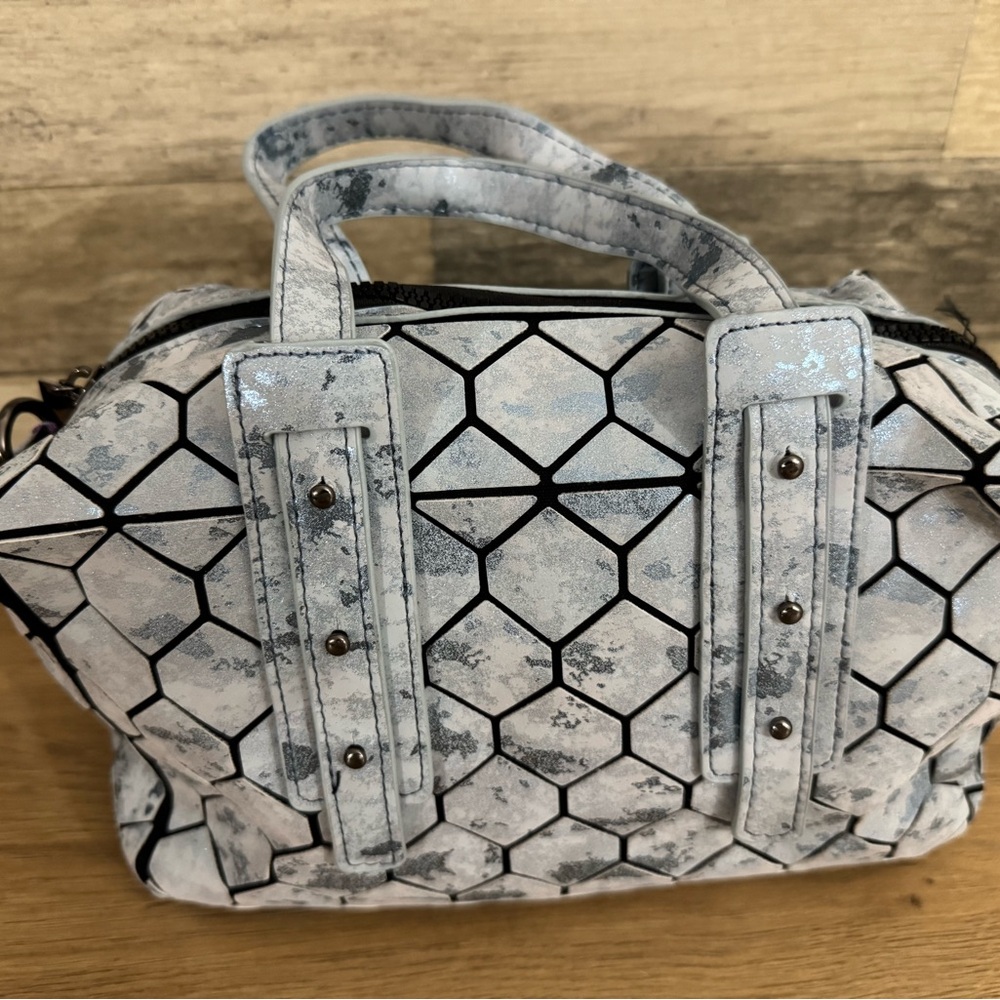 Modern Geometric Women's Satchel in Black and Soft Blue.